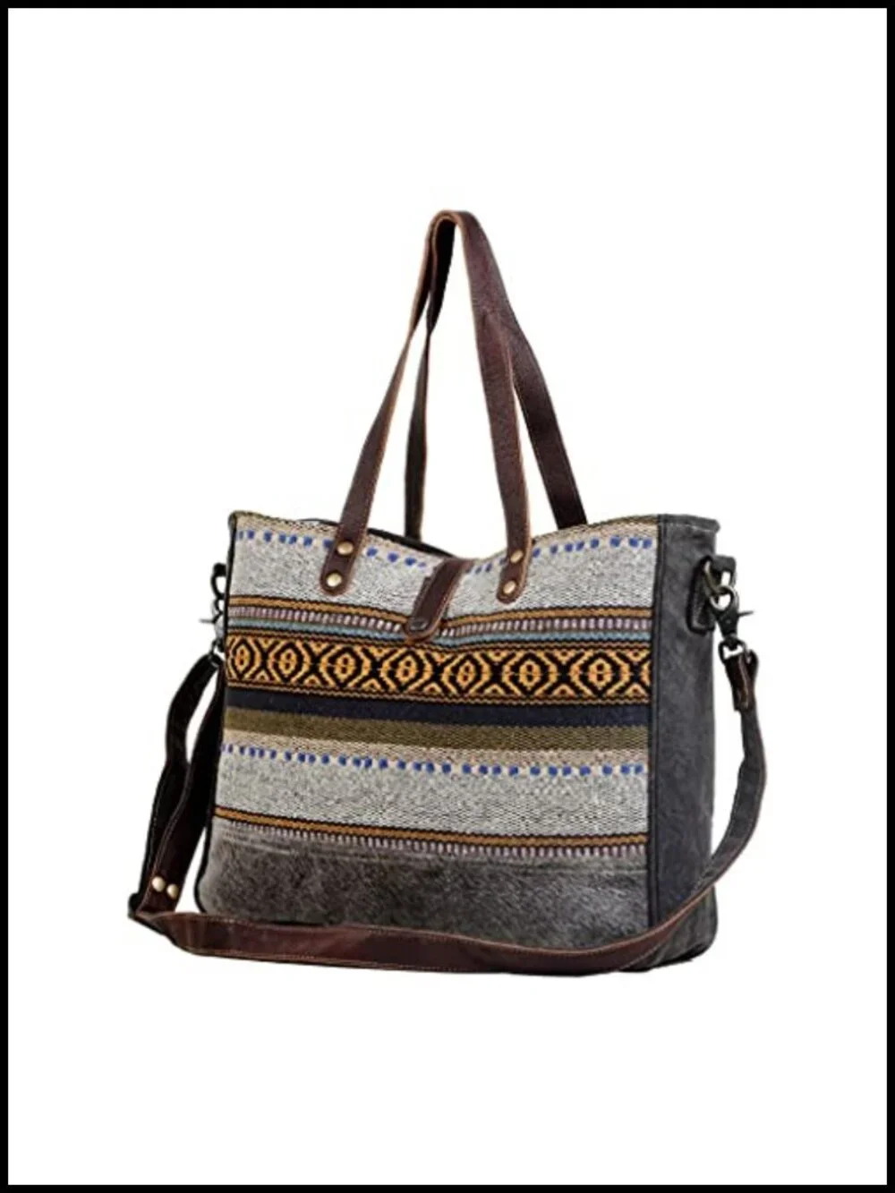 Canvas Boho Purse with Real Leather Detailing, Aztec Pattern
